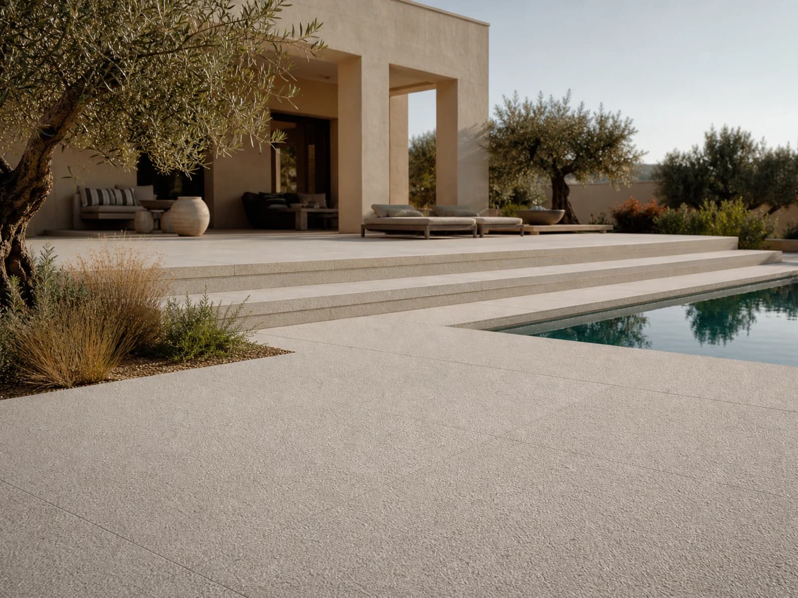 Viaza Beige Bush-Hammered used in an architectural application